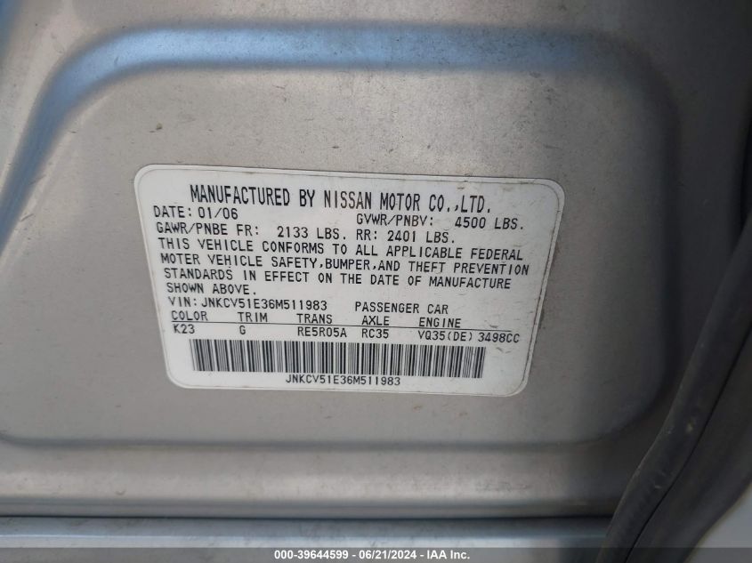 2006 Infiniti G35 VIN: JNKCV51E36M511988 Lot: 39644599