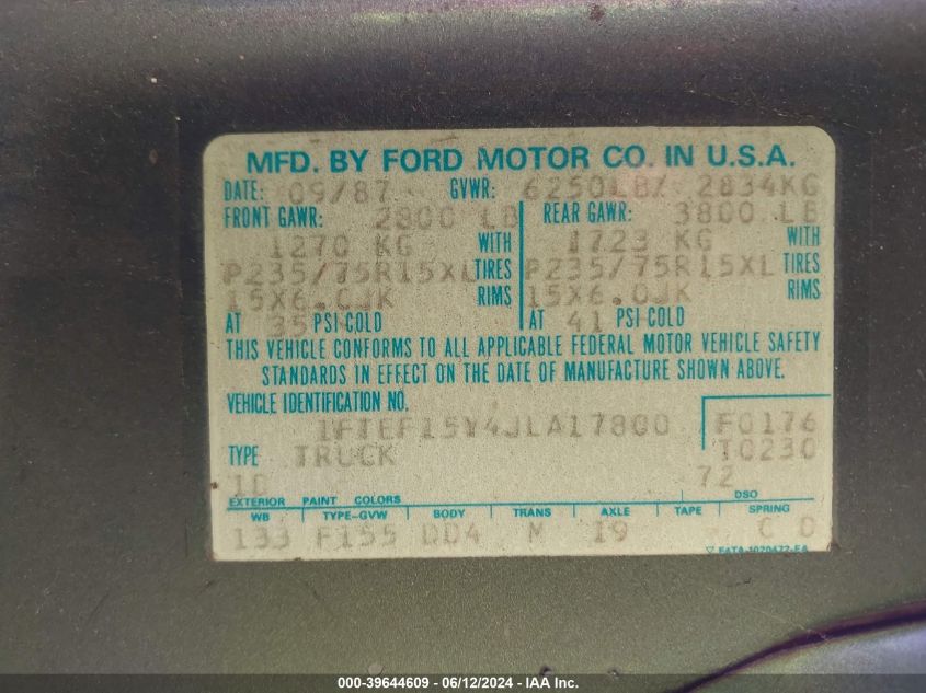 1988 Ford F150 VIN: 1FTEF15Y4JLA17800 Lot: 39644609