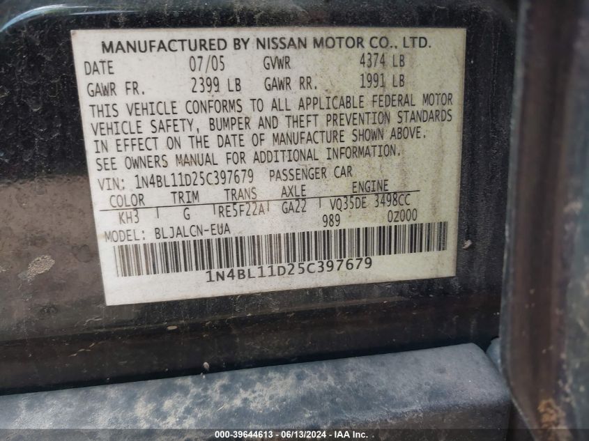 2005 Nissan Altima 3.5 Se VIN: 1N4BL11D25C397679 Lot: 39644613
