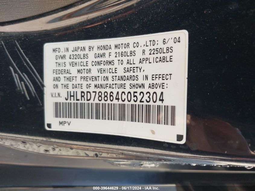 2004 Honda Cr-V Ex VIN: JHLRD78864C052304 Lot: 39644629
