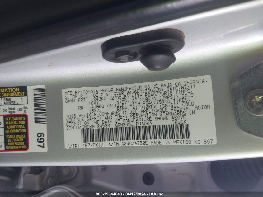 2011 Toyota Tacoma Prerunner V6 VIN: 3TMJU4GN9BM124530 Lot: 39644648