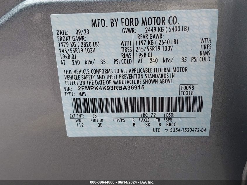 2024 Ford Edge Titanium VIN: 2FMPK4K93RBA36915 Lot: 39644660