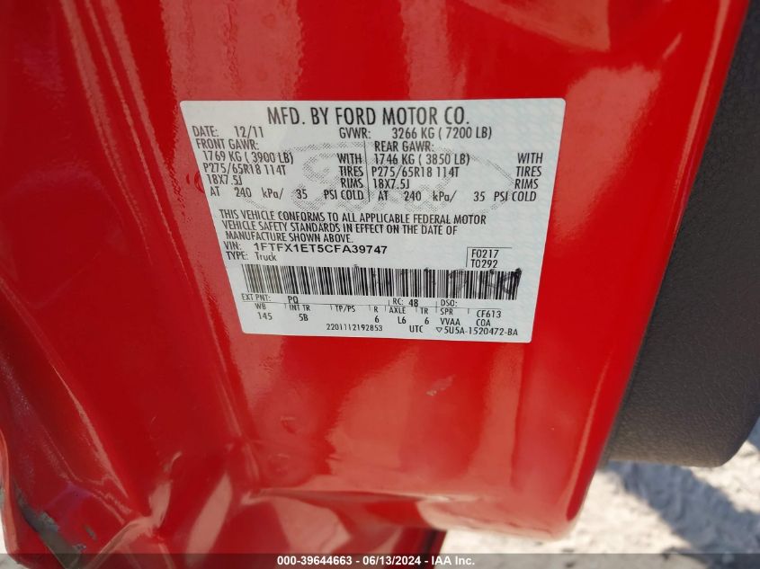 2012 Ford F-150 Fx4 VIN: 1FTFX1ET5CFA39747 Lot: 39644663