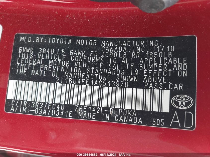 2010 Toyota Corolla Le VIN: 2T1BU4EE1AC513970 Lot: 39644682