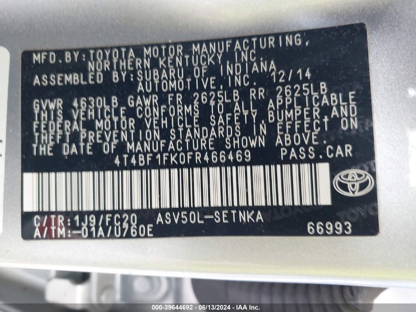 2015 Toyota Camry Le VIN: 4T4BF1FK0FR466469 Lot: 39644692