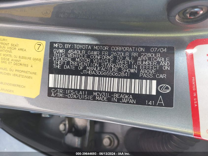 2005 Lexus Es 330 VIN: JTHBA30G655062841 Lot: 39644693