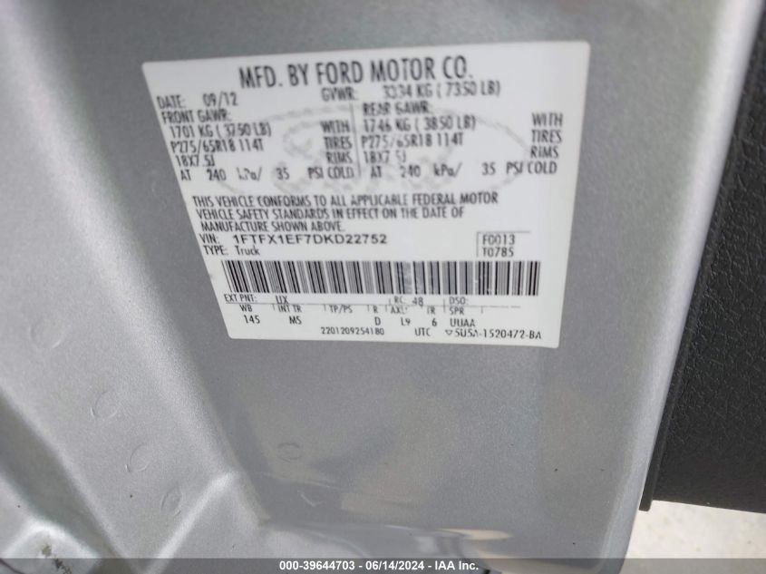 2013 Ford F-150 Xlt VIN: 1FTFX1EF7DKD22752 Lot: 39644703