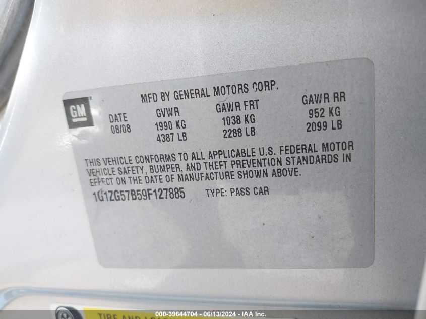 2009 Chevrolet Malibu Ls VIN: 1G1ZG57B59F127885 Lot: 39644704