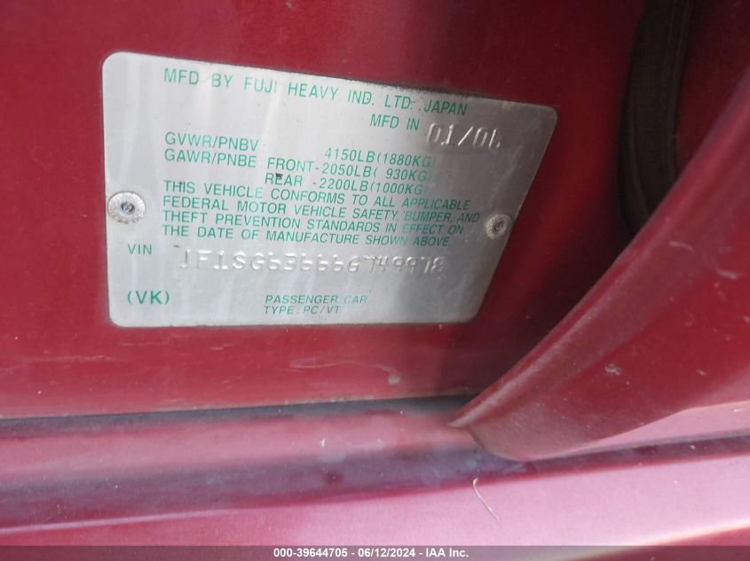 2006 Subaru Forester 2.5X VIN: JF1SG63666G749978 Lot: 39644705