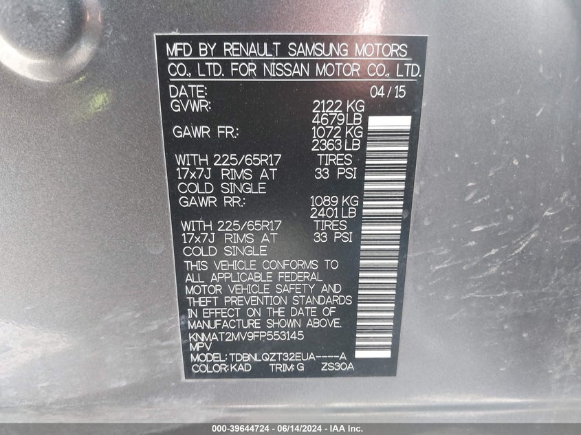 2015 Nissan Rogue Sv VIN: KNMAT2MV9FP553145 Lot: 39644724