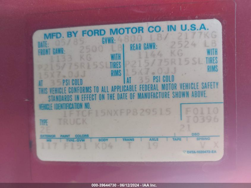 1985 Ford F150 VIN: 1FTCF15NXFPB29515 Lot: 39644730