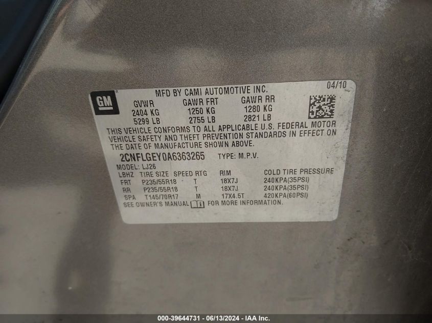 2010 Chevrolet Equinox Ltz VIN: 2CNFLGEY0A6363265 Lot: 39644731