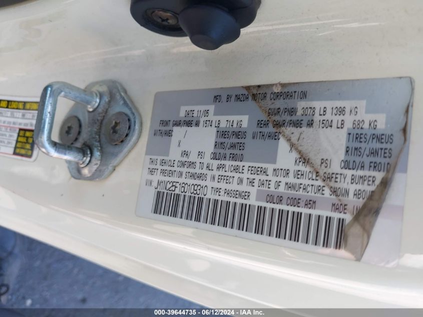2006 Mazda Mx-5 Sport VIN: JM1NC25F160109310 Lot: 39644735