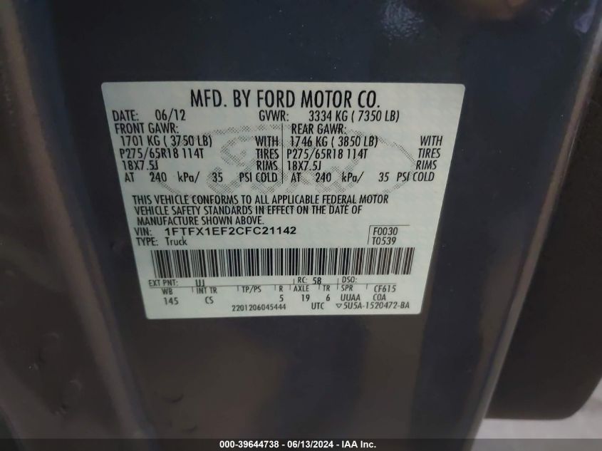 2012 Ford F-150 Stx VIN: 1FTFX1EF2CFC21142 Lot: 39644738