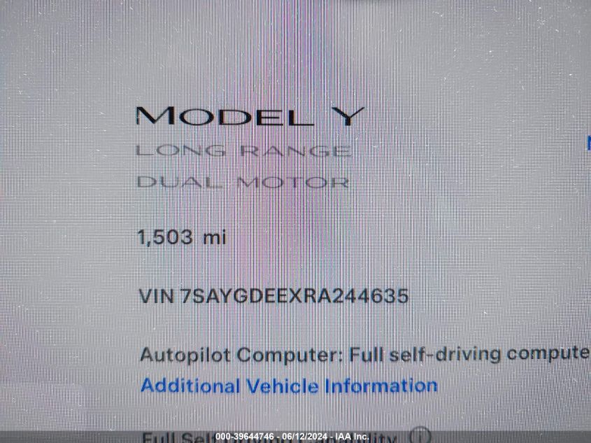 2024 Tesla Model Y Long Range Dual Motor All-Wheel Drive VIN: 7SAYGDEEXRA244635 Lot: 39644746