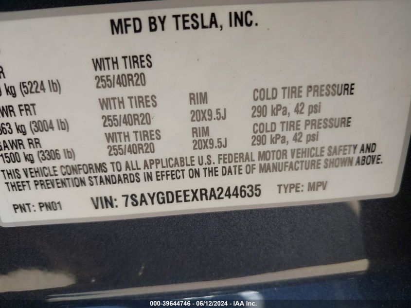 2024 Tesla Model Y Long Range Dual Motor All-Wheel Drive VIN: 7SAYGDEEXRA244635 Lot: 39644746