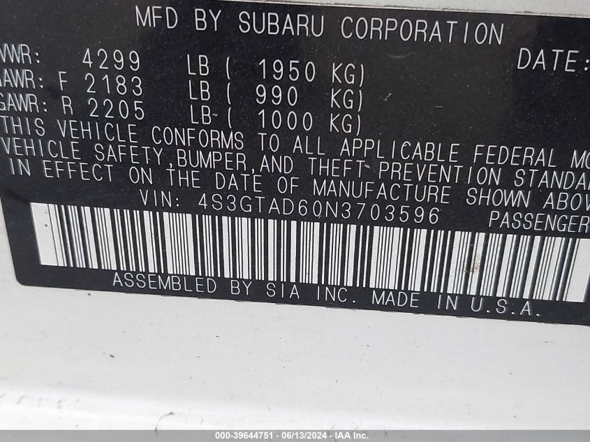 2022 Subaru Impreza Premium 5-Door VIN: 4S3GTAD60N3703596 Lot: 39644751