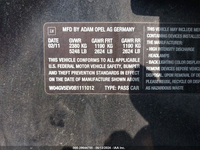 2011 Buick Regal Cxl Turbo Russelsheim VIN: W04GV5EV0B1111012 Lot: 39644755