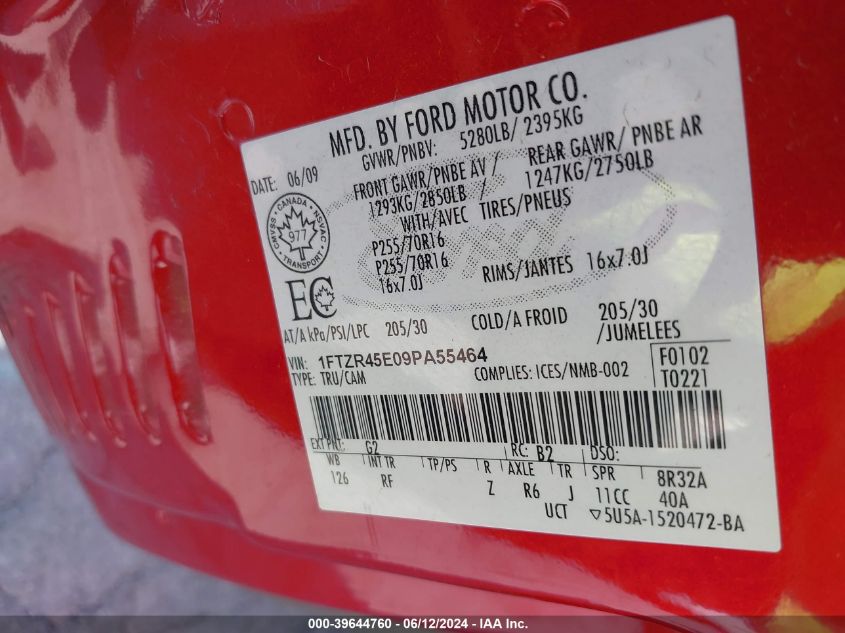 2009 Ford Ranger Fx4 Off-Road/Sport/Xlt VIN: 1FTZR45E09PA55464 Lot: 39644760