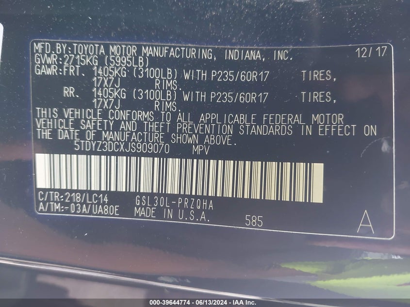 2018 Toyota Sienna Xle 8 Passenger VIN: 5TDYZ3DCXJS909070 Lot: 39644774