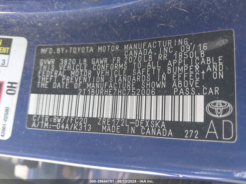 2017 Toyota Corolla Se VIN: 2T1BURHE7HC752006 Lot: 39644791