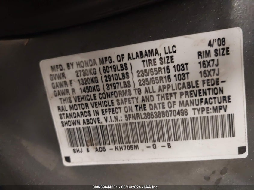 2008 Honda Odyssey Ex-L VIN: 5FNRL38638B070498 Lot: 39644801