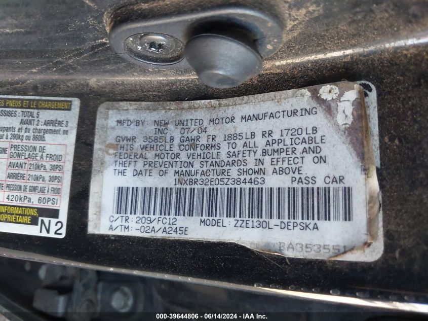 2005 Toyota Corolla S VIN: 1NXBR32E05Z384463 Lot: 39644806