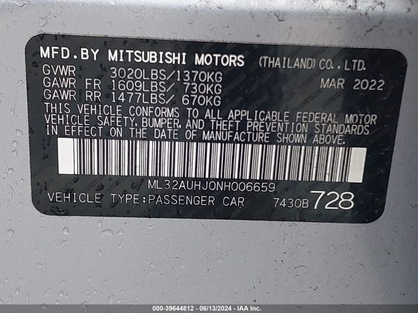 2022 Mitsubishi Mirage Es/Le VIN: ML32AUHJ0NH006659 Lot: 39644812