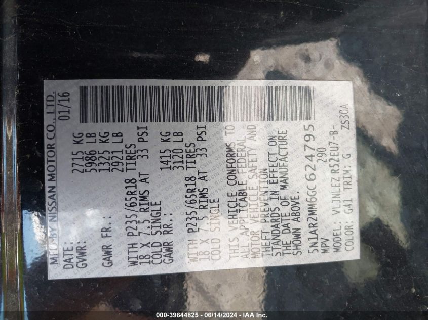 2016 Nissan Pathfinder Sv VIN: 5N1AR2MM6GC624795 Lot: 39644825