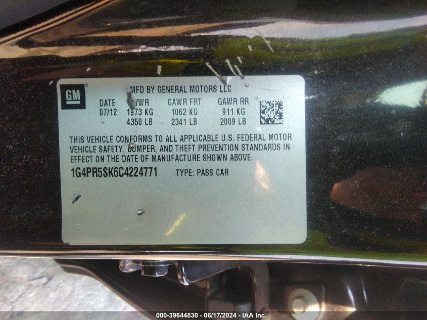 2012 Buick Verano Convenience Group VIN: 1G4PR5SK6C4224771 Lot: 39644830