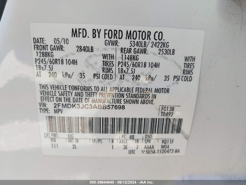 2010 Ford Edge Sel VIN: 2FMDK3JC3ABB57698 Lot: 39644840