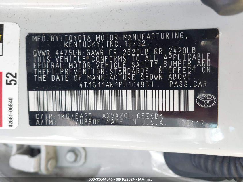 4T1G11AK1PU104951 | 2023 TOYOTA CAMRY