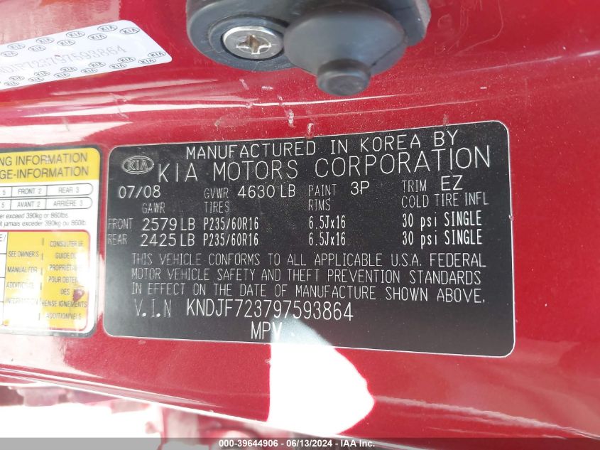 2009 Kia Sportage Ex V6 VIN: KNDJF723797593864 Lot: 39644906