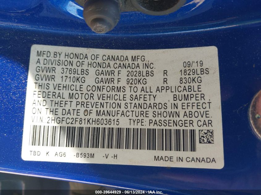 2019 Honda Civic Sport VIN: 2HGFC2F81KH603615 Lot: 39644929