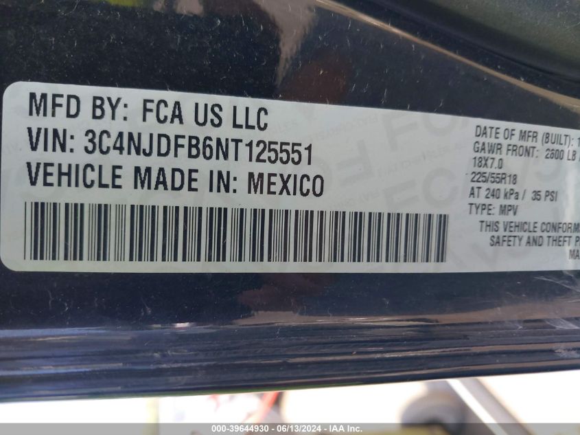 2022 Jeep Compass Latitude Lux 4X4 VIN: 3C4NJDFB6NT125551 Lot: 39644930