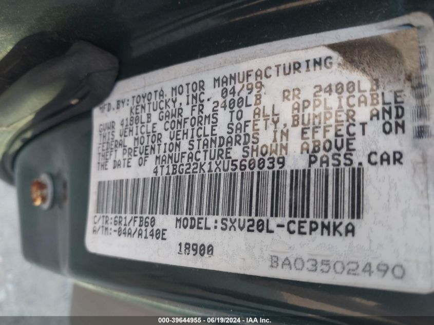 1999 Toyota Camry Ce/Le/Xle VIN: 4T1BG22K1XU560039 Lot: 39644955