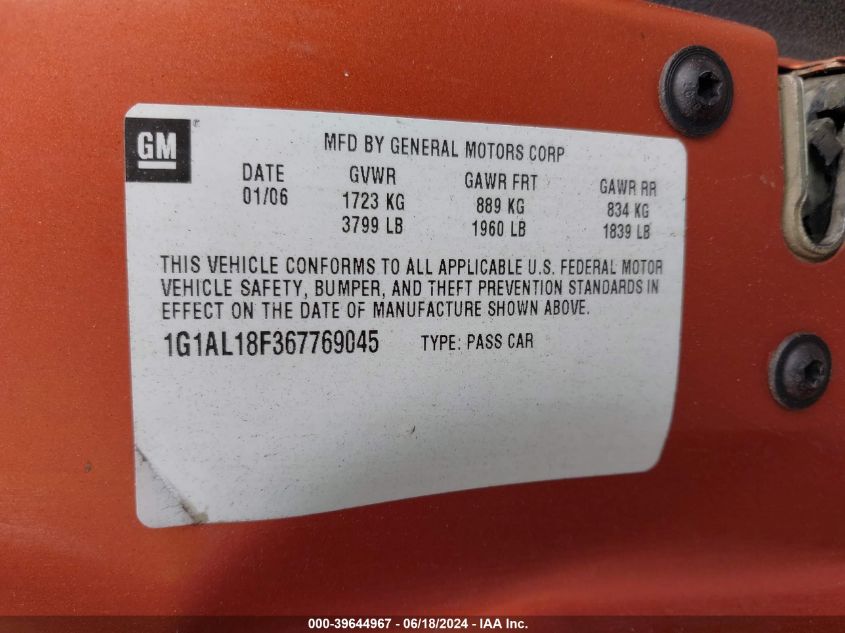 2006 Chevrolet Cobalt Lt VIN: 1G1AL18F367769045 Lot: 39644967