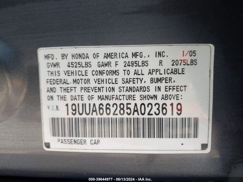 2005 Acura Tl VIN: 19UUA66285A023619 Lot: 39644977