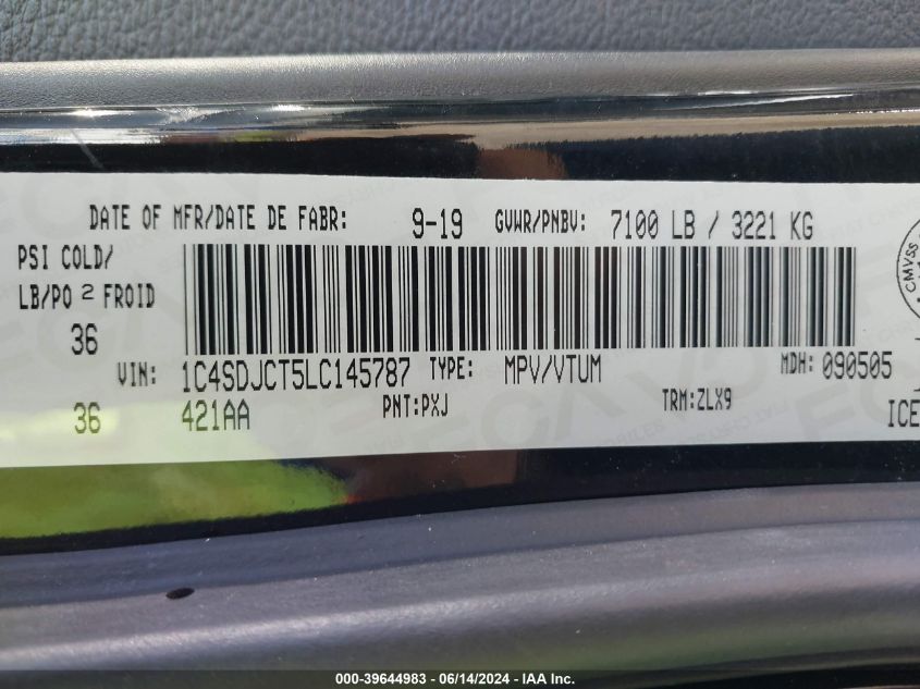 2020 Dodge Durango R/T VIN: 1C4SDJCT5LC145787 Lot: 39644983