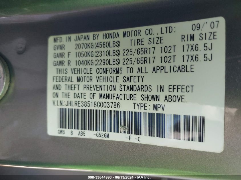 2008 Honda Cr-V Ex VIN: JHLRE38518C003786 Lot: 39644993