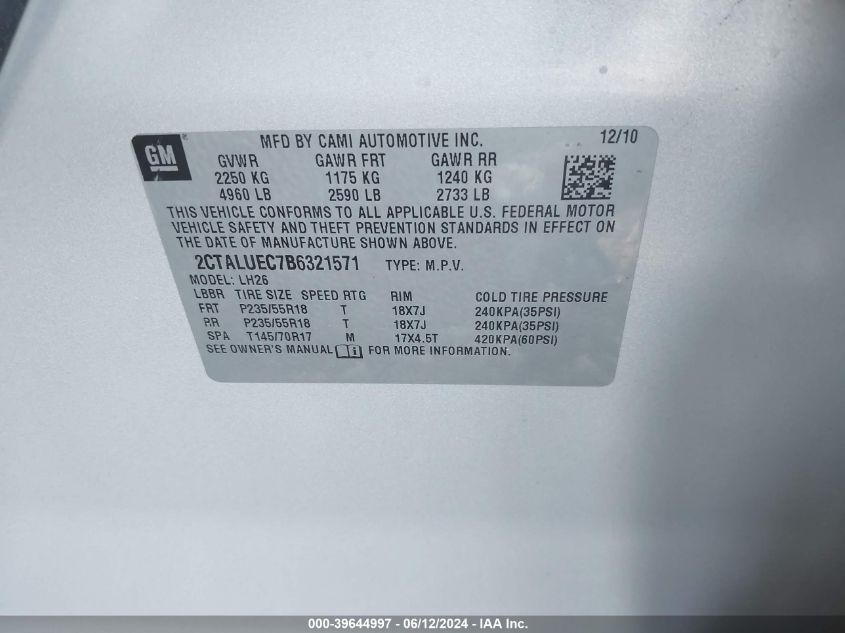 2011 GMC Terrain Slt-1 VIN: 2CTALUEC7B6321571 Lot: 39644997