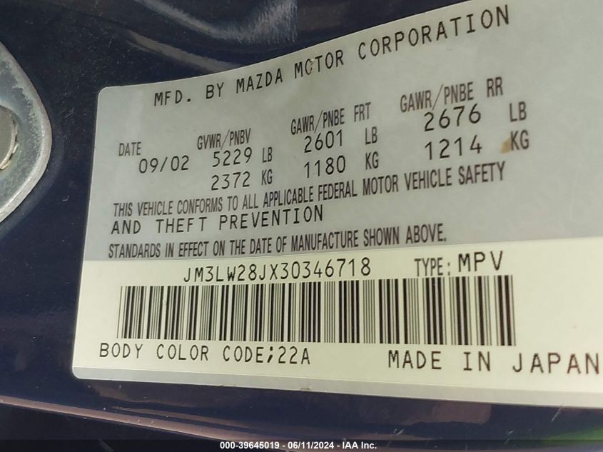 2003 Mazda Mpv Es/Lx/Lx-Sv VIN: JM3LW28JX30346718 Lot: 39645019