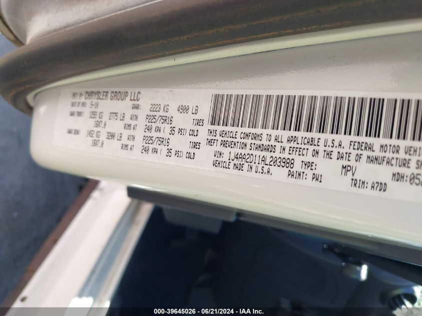 2010 Jeep Wrangler Sport VIN: 1J4AA2D11AL203988 Lot: 39645026