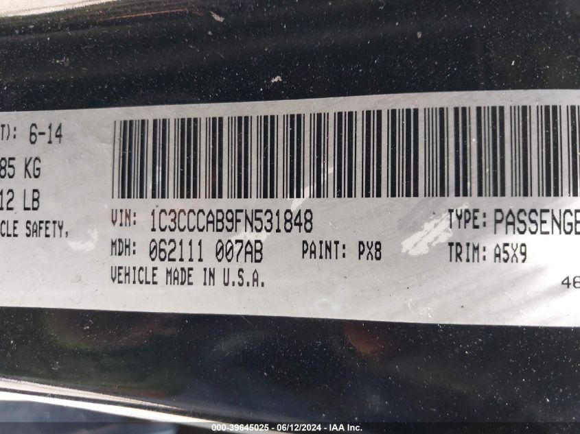 2015 Chrysler 200 Limited VIN: 1C3CCCAB9FN531848 Lot: 39645025