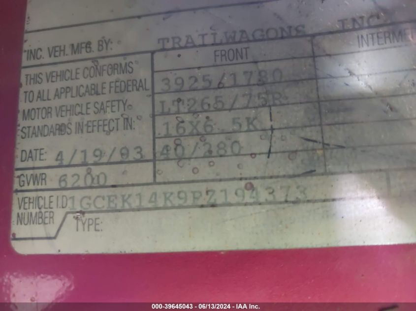 1993 Chevrolet Gmt-400 K1500 VIN: 1GCEK14K9PZ194373 Lot: 39645043