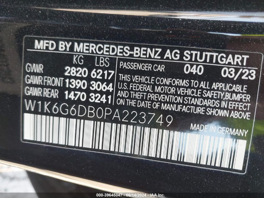 2023 Mercedes-Benz S 500 4Matic VIN: W1K6G6DB0PA223749 Lot: 39645047