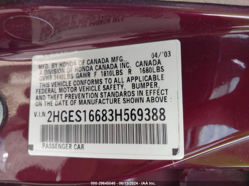 2003 Honda Civic Lx VIN: 2HGES16683H569388 Lot: 39645048