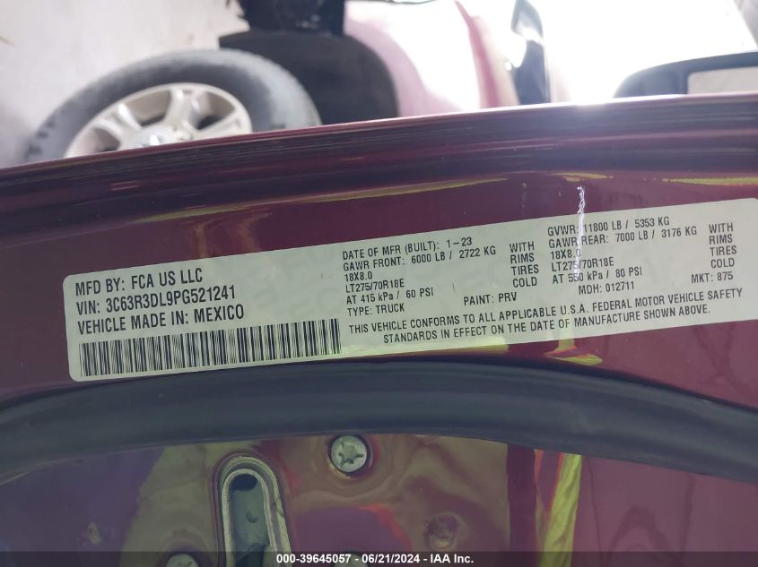 2023 Ram 3500 Big Horn 4X4 6'4 Box VIN: 3C63R3DL9PG521241 Lot: 39645057