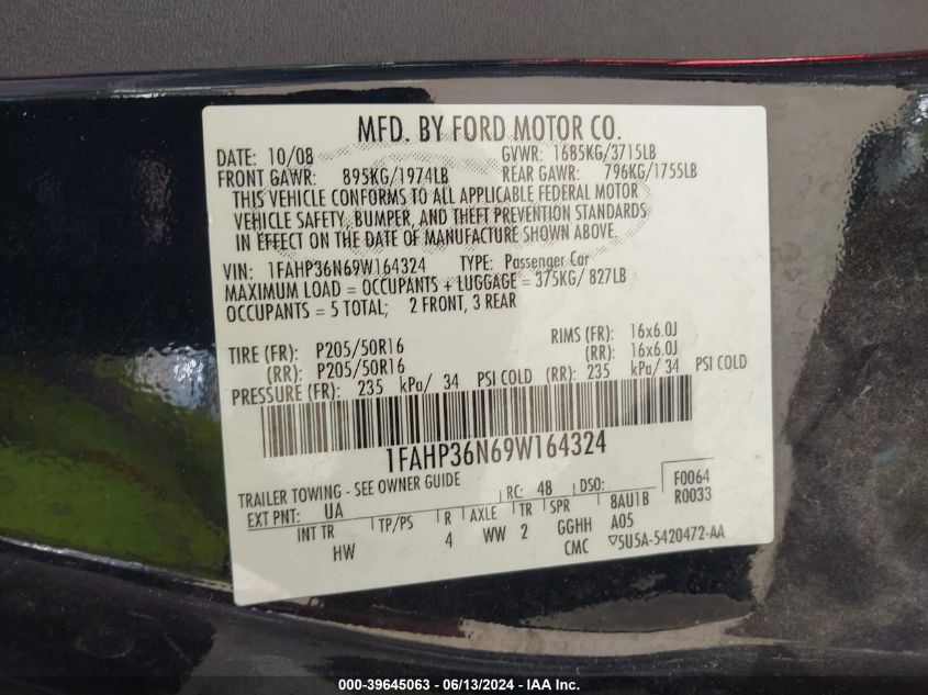 2009 Ford Focus Ses VIN: 1FAHP36N69W164324 Lot: 39645063