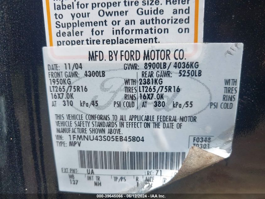 2005 Ford Excursion Limited VIN: 1FMNU43S05EB45804 Lot: 39645066